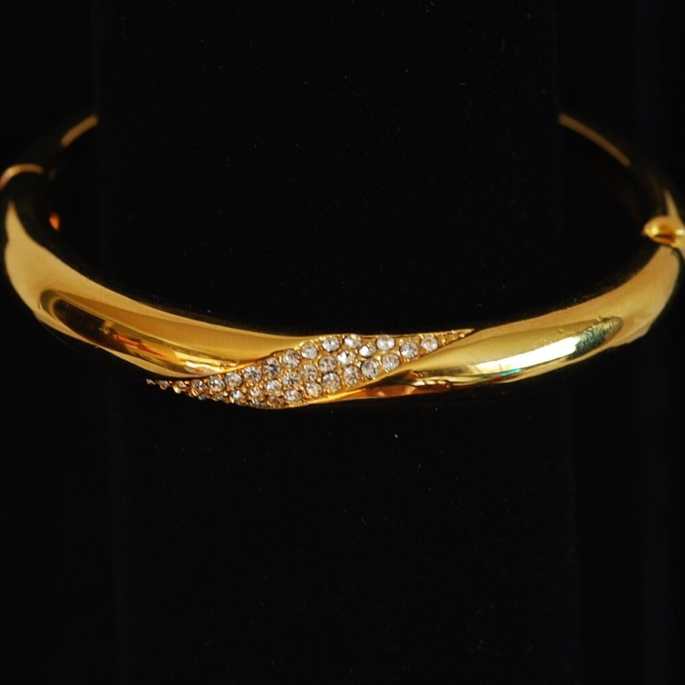 Christian Dior Vintage Hinged Gold Tone Bracelet With Clear Crystals - Signed